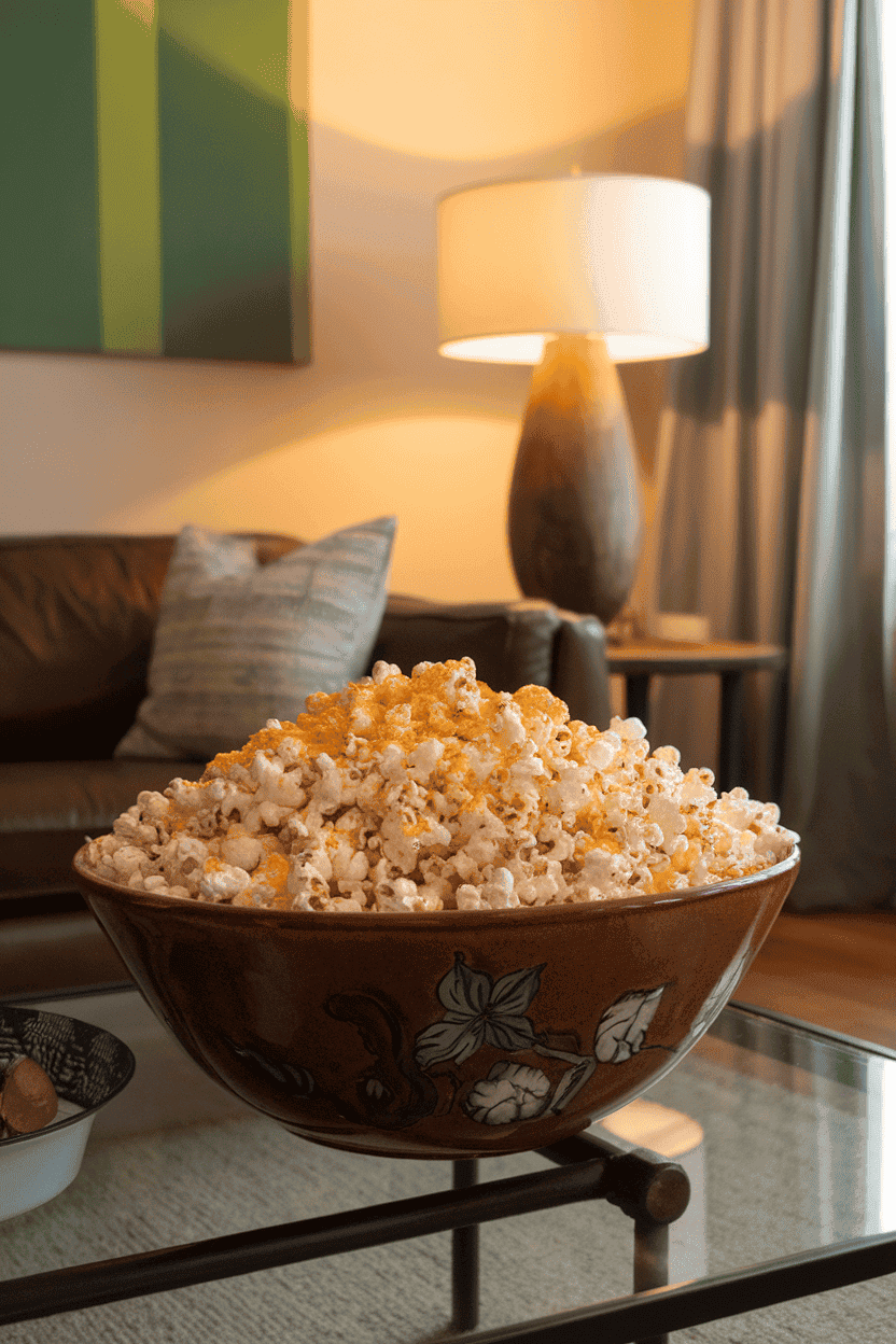 A large ceramic bowl on an indoor coffee table filled with fluffy popcorn dusted with bright orange nutritional-yeast seasoning. Cozy lamp light; no text or logos; photo, not illustration.