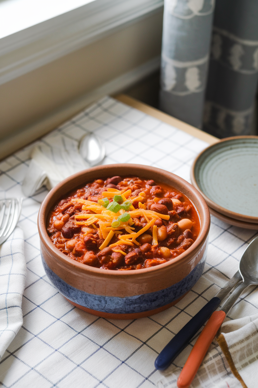 An indoor kitchen table featuring a ceramic bowl of beef and bean chili topped with shredded cheddar and green onion. No text or logos anywhere in sight.