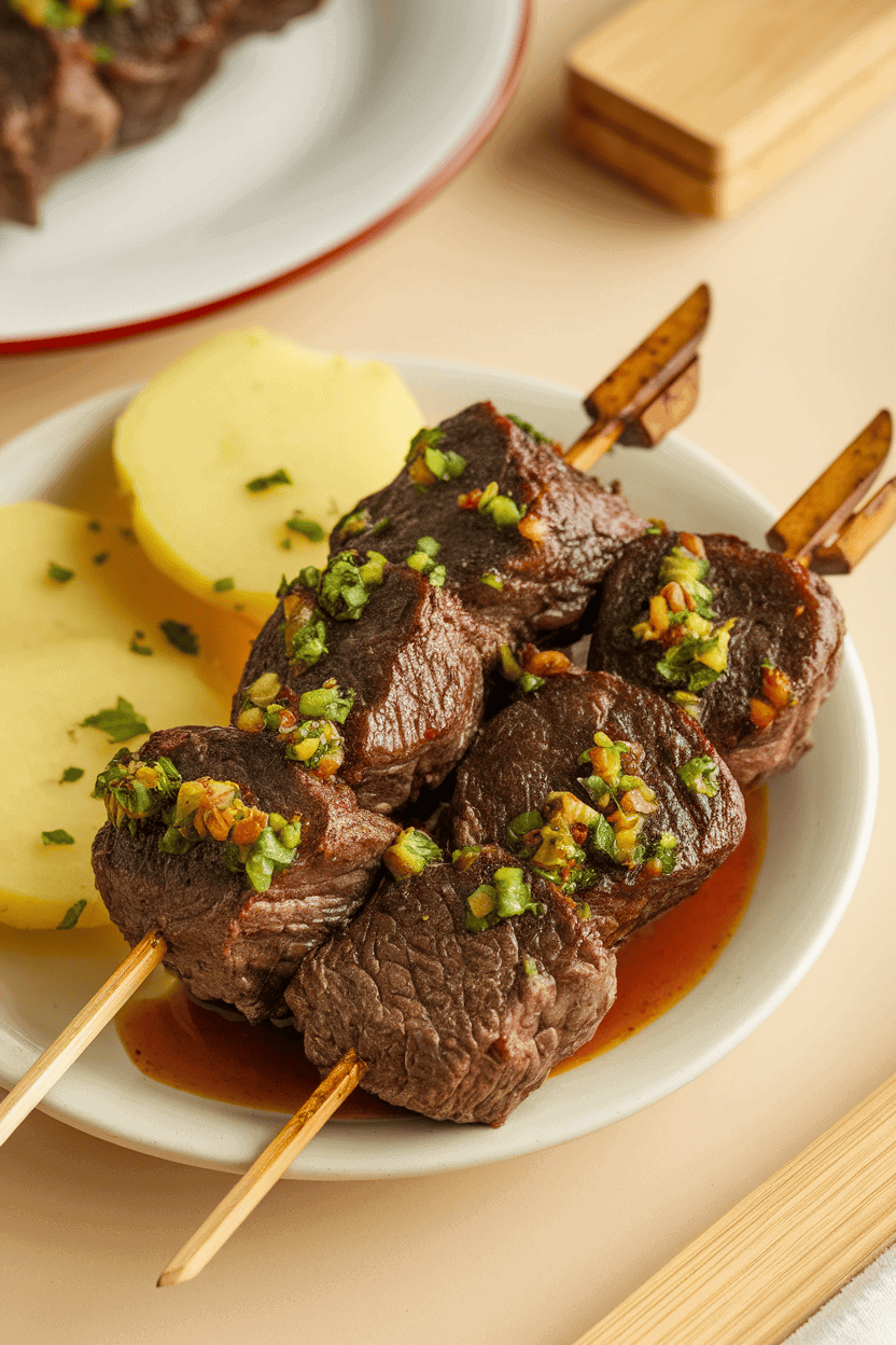 Indoor plate with small wooden skewers of dark, smoky Peruvian anticucho beef, accompanied by boiled potato slices. Photo only, no text or logos.