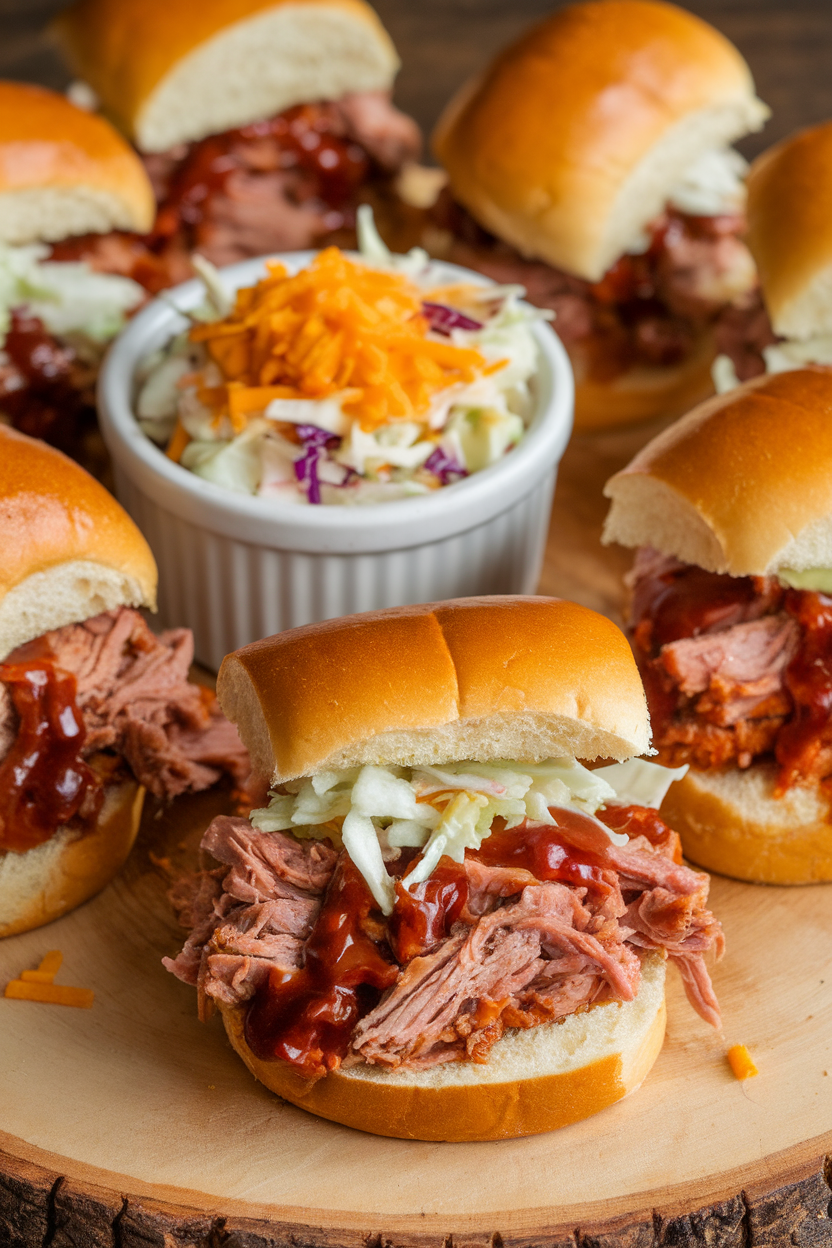 Photo indoors of slider-sized brioche rounds, pulled pork in barbecue sauce, a ramekin of coleslaw mix, and a sprinkle of shredded cheddar—no logos, no text.