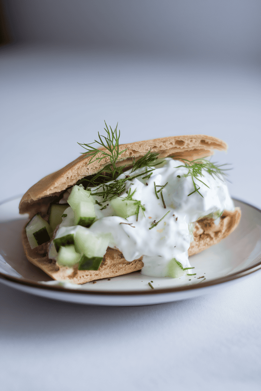 Indoor shot of a pita half bursting with thick Greek yogurt, diced cucumber, and fresh dill. Clean background, no text or logos.