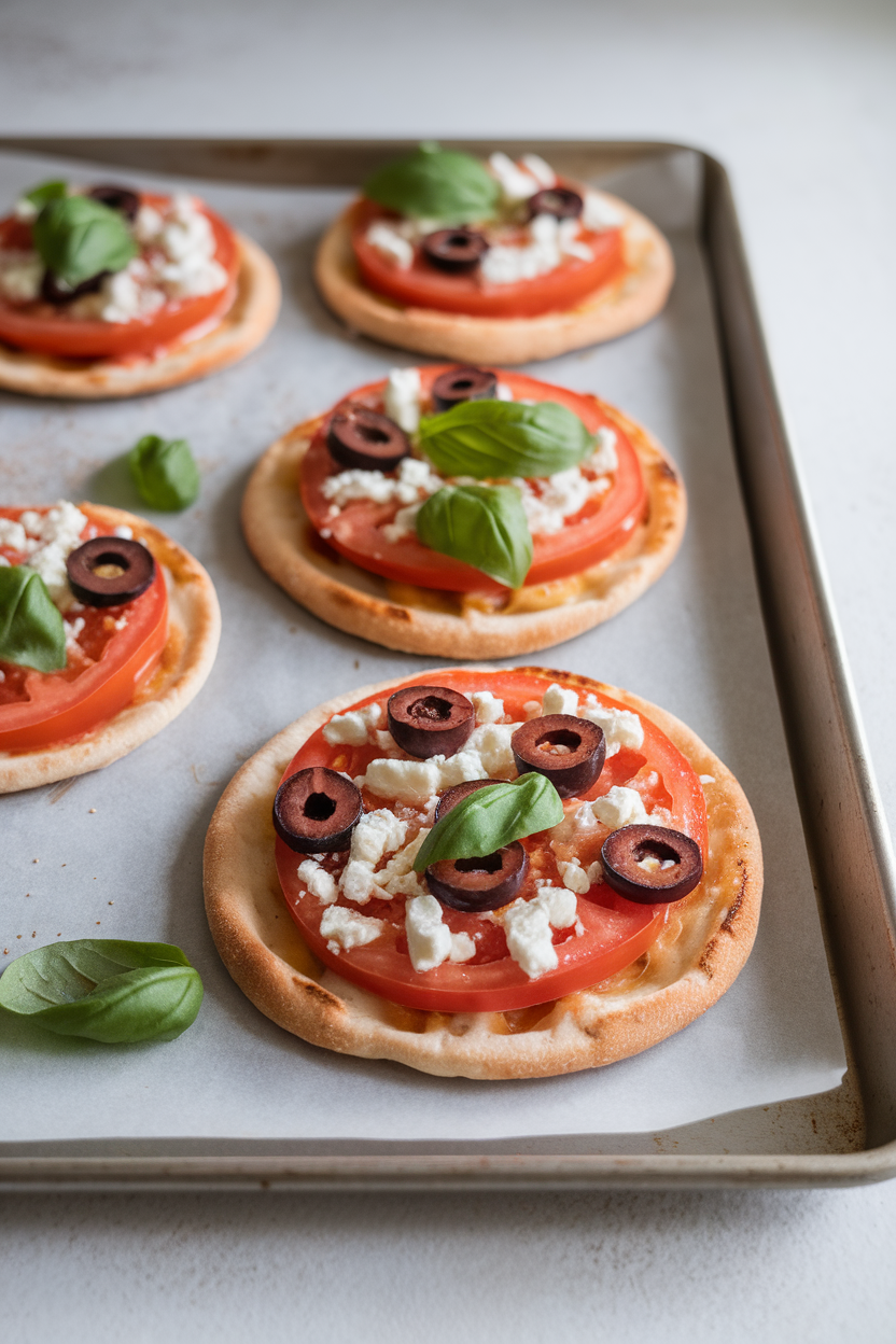 Indoor photo of mini pita pizzas topped with tomato, feta, and olives on a baking sheet, no text or logos