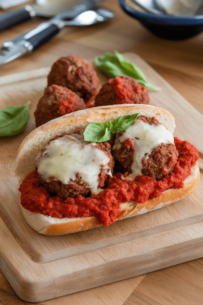 A cutting board on an indoor counter holding a split roll packed with saucy beef meatballs and melted provolone; photo, no text or logos.