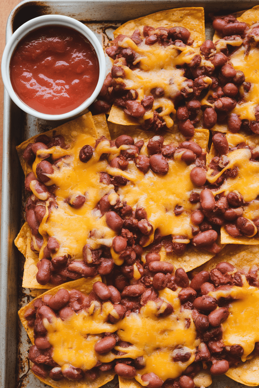 An indoor snack spread featuring a baking sheet of corn-tortilla chips topped with melted cheese and pinto beans, a side ramekin of salsa visible. Photo only; no text or logos.