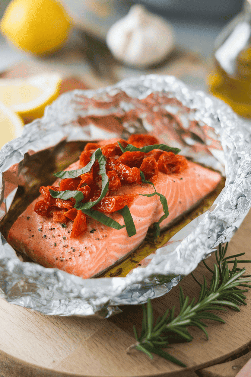 Indoor photo of cooked salmon topped with chopped sun-dried tomatoes and fresh basil ribbons inside a foil packet. No text or logos anywhere.