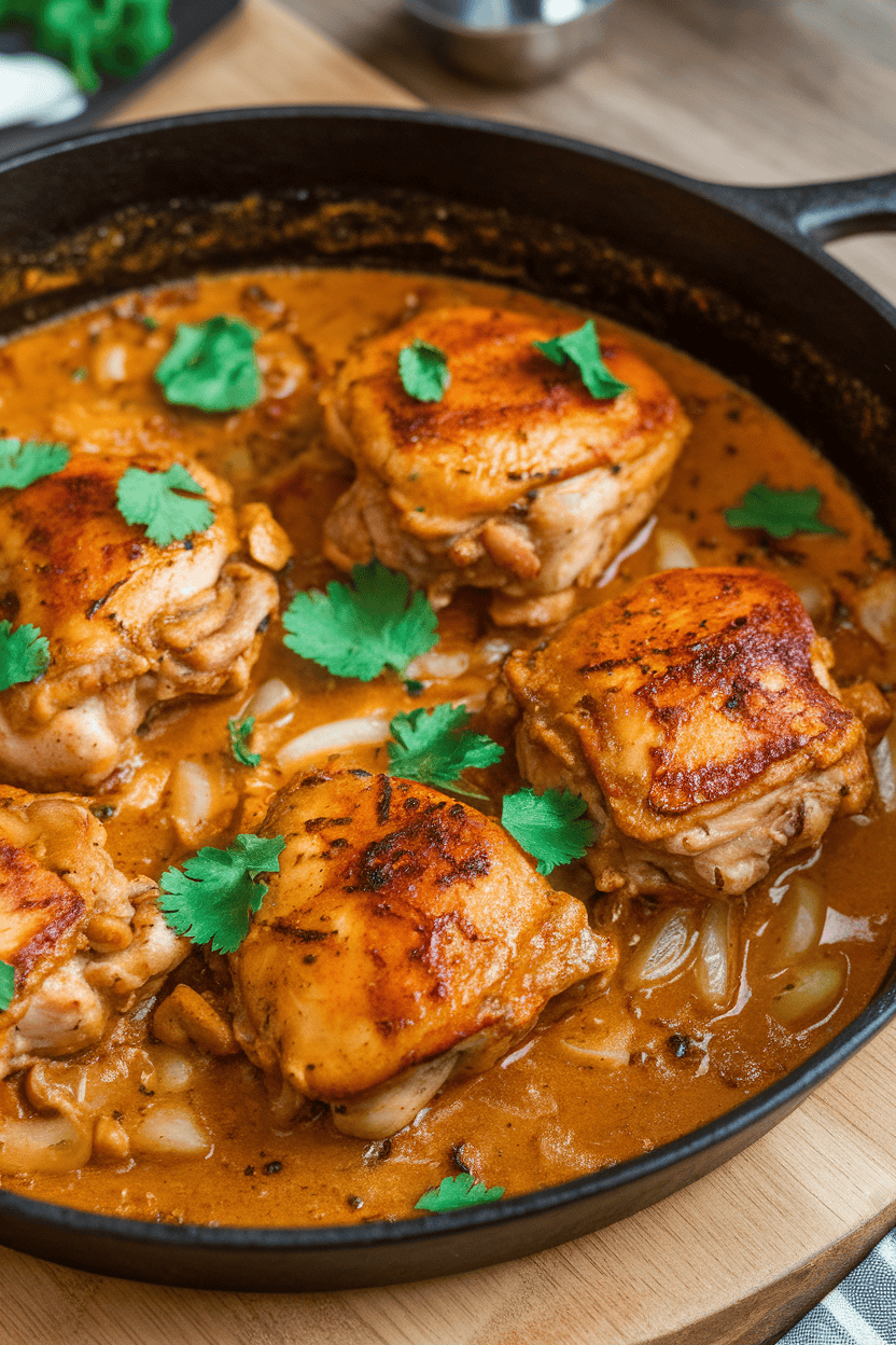 An indoor cast-iron skillet filled with coconut-braised chicken thighs garnished with cilantro, no logos or text visible.