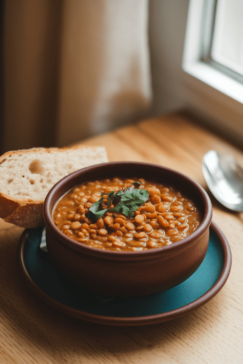 Cozy indoor photo of a ceramic bowl brimming with hearty lentil soup, a slice of crusty bread resting on the side, no text or logos