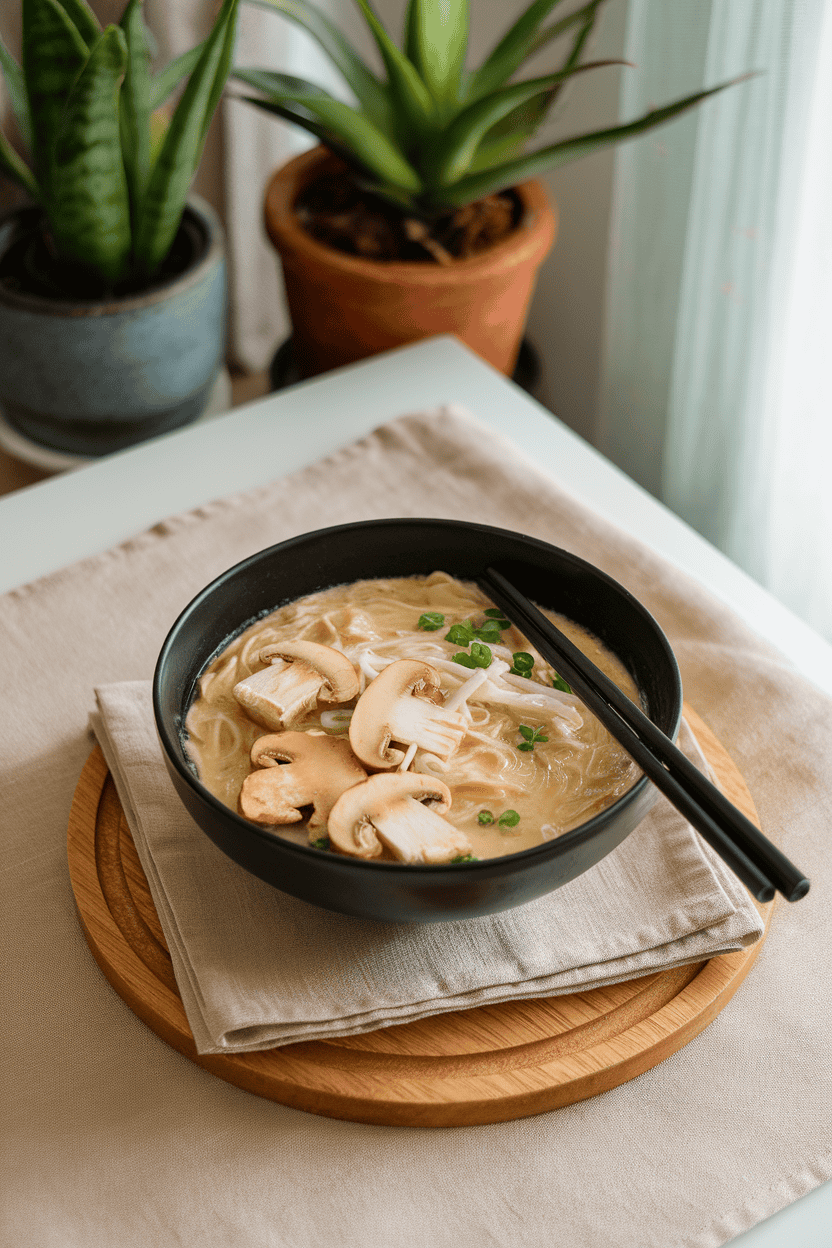 An indoor dining scene displaying a bowl of rice noodles coated in creamy coconut broth with sliced mushrooms and green onions. Photo only; no text or logos.