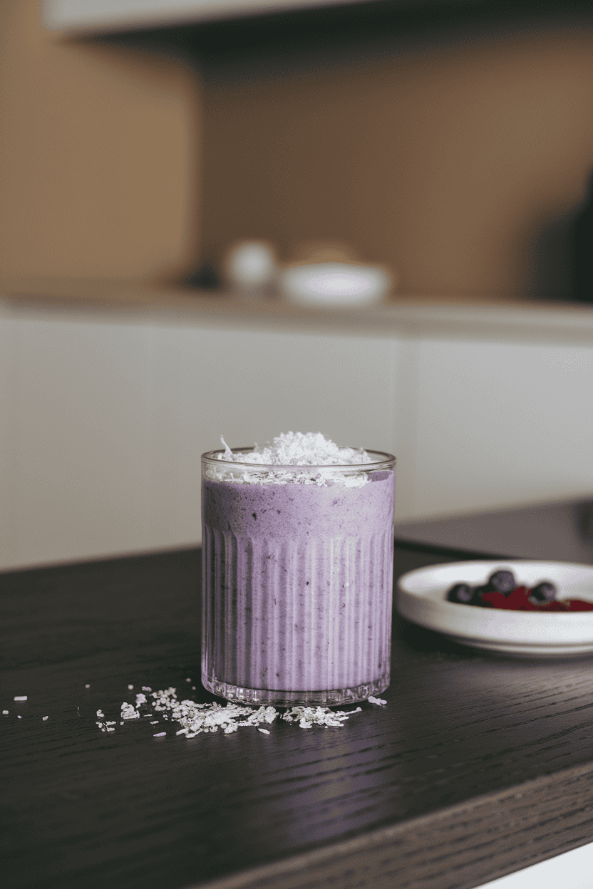 Indoor modern countertop with a violet smoothie in a clear glass, shredded coconut lightly dusted on top; neutral daylight; photograph, not illustration; no text or logos.