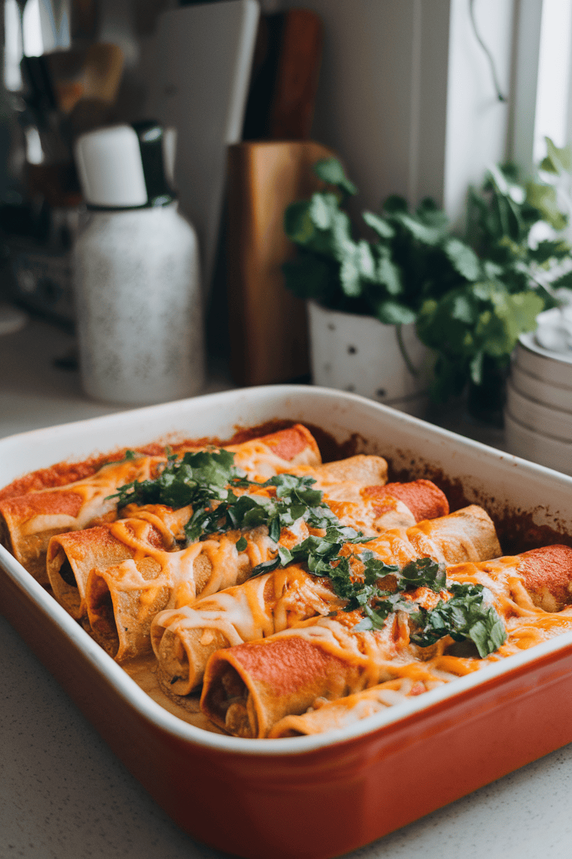 Indoor baking dish filled with rolled enchiladas, sauce bubbling around edges, topped with melted cheese and chopped cilantro. No logos or text, cozy lighting. Photo only.