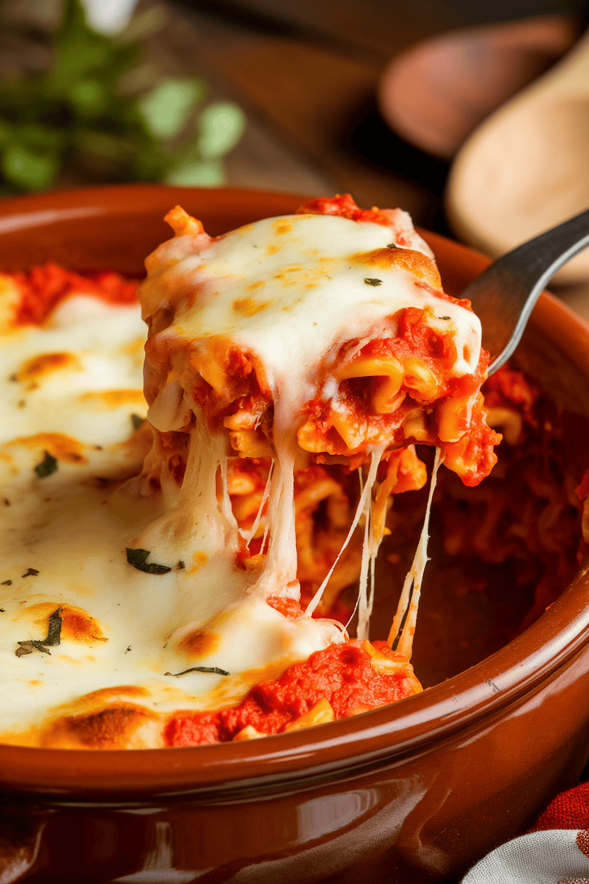 Indoor photo of a bubbling pan of baked ziti, melted mozzarella stretching as a piece is served; no text or logos.