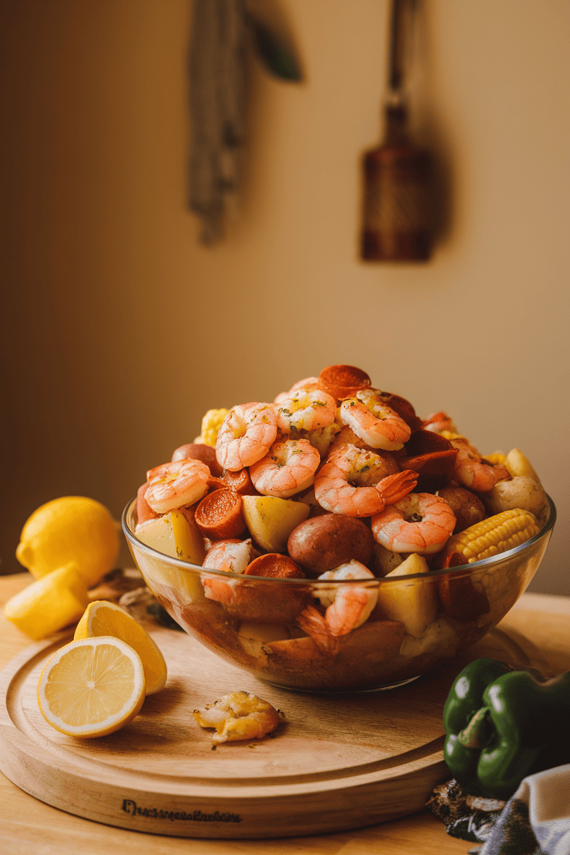 A warmly lit indoor table with a large bowl of cooked shrimp, sliced smoked sausage, baby corn, and potatoes tossed in Cajun seasoning. No logos or text.