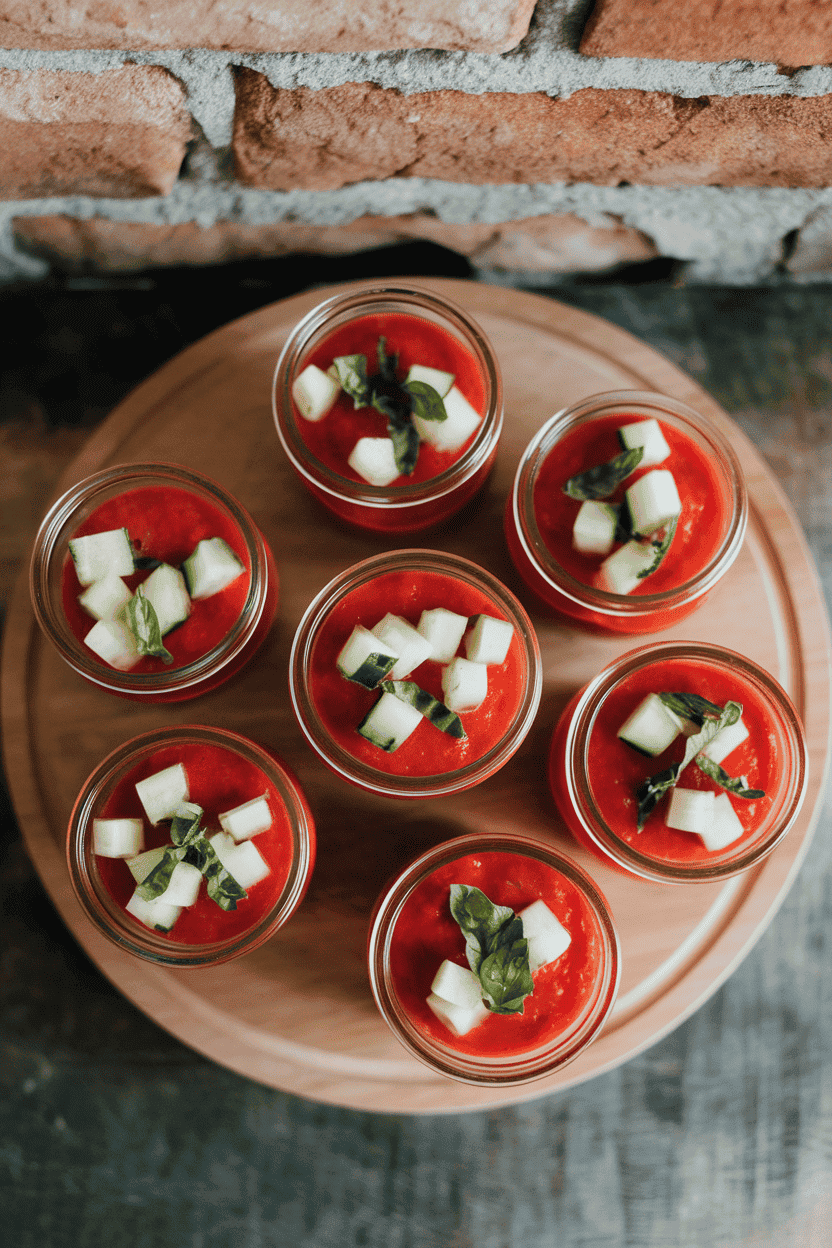 Indoor photo of small glass jars filled with bright red gazpacho, each topped with diced cucumber and basil chiffonade. Overhead view, no text or logos.