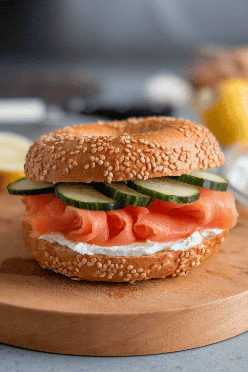Indoor photo of an everything bagel sandwich with cooked smoked salmon, cream cheese, and cucumber ribbons, no text or logos.