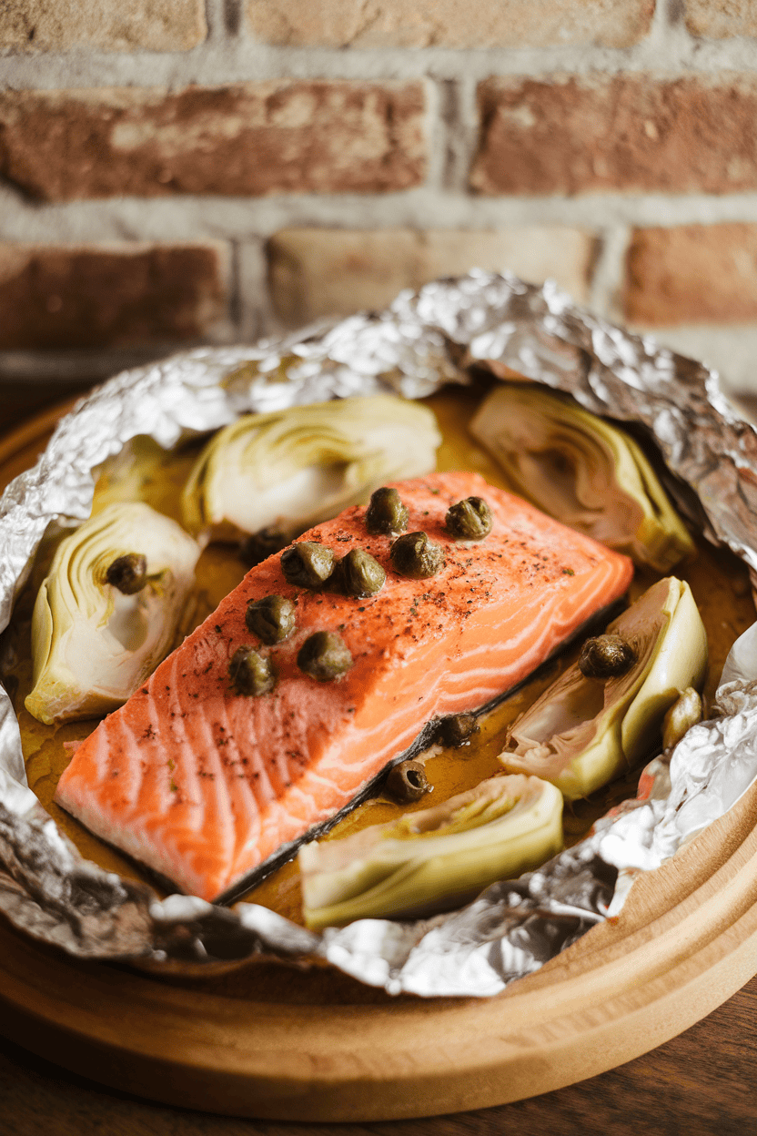 A warmly lit indoor photo showing a cooked salmon fillet in foil dotted with caper butter and surrounded by marinated artichoke hearts. No text or logos.