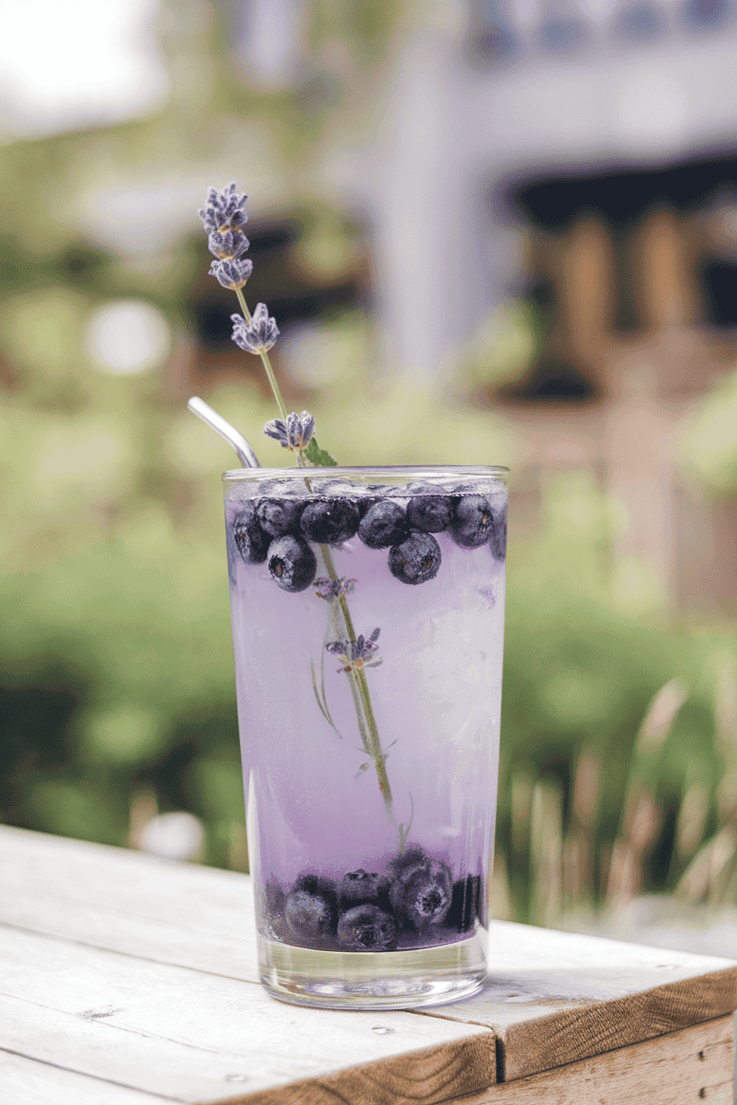 Photo, indoors, tall glass of lavender-tinted lemonade with blueberries and a lavender sprig floating. No text or logos.