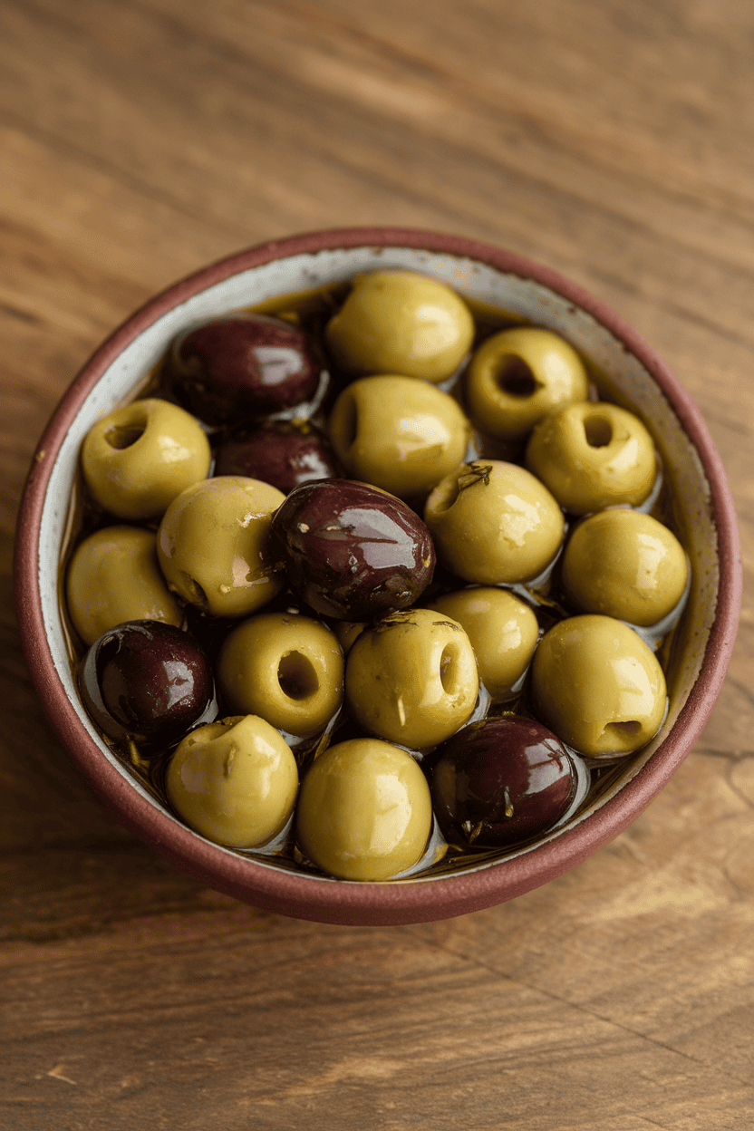An indoor ceramic bowl brimming with mixed green and black olives glistening in herbed oil, placed on a wooden surface. No text or logos, photo style.