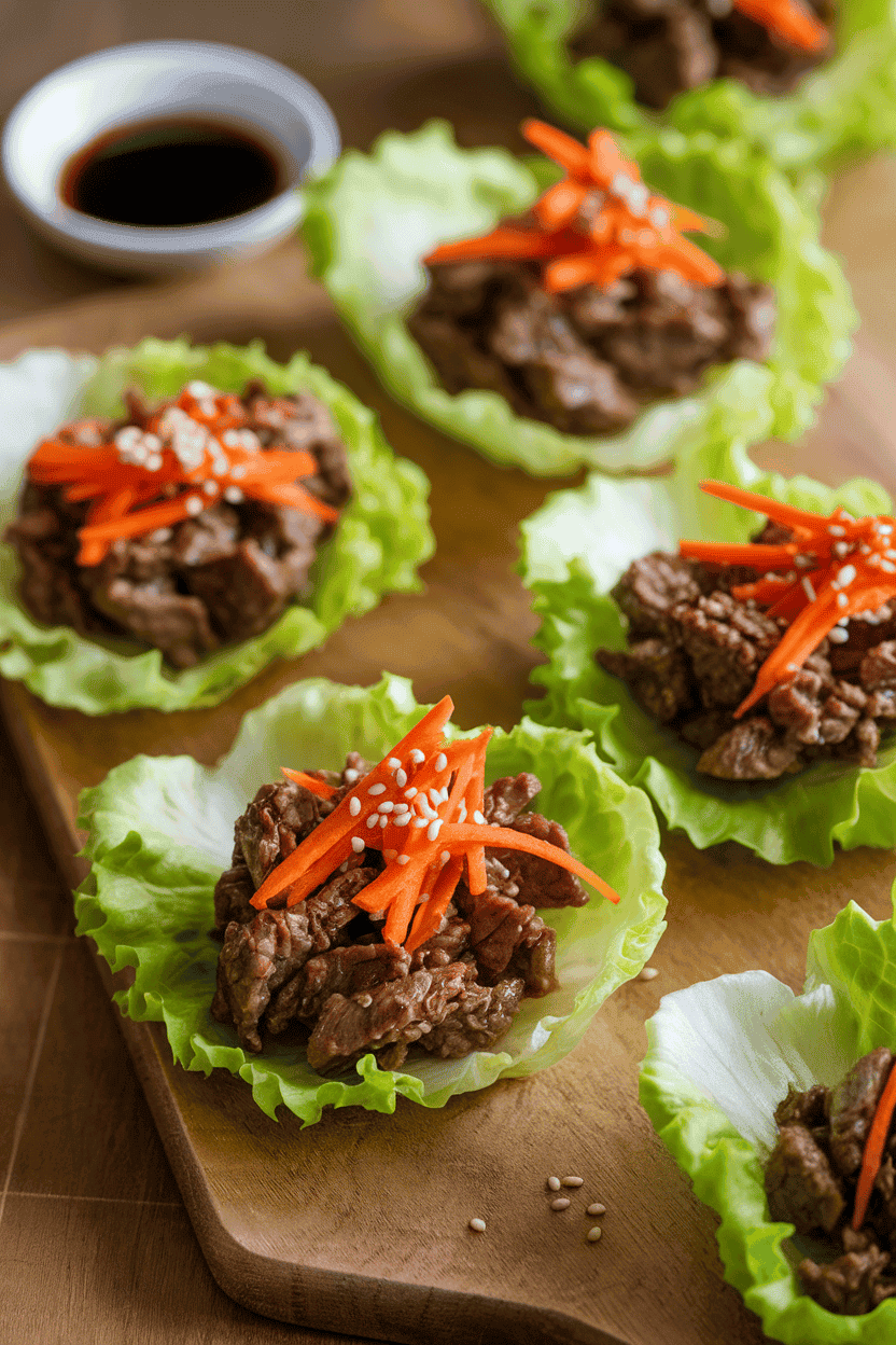 Indoor photo of crisp lettuce cups filled with cooked bulgogi beef, julienned carrots, and sesame seeds, no text or logos.