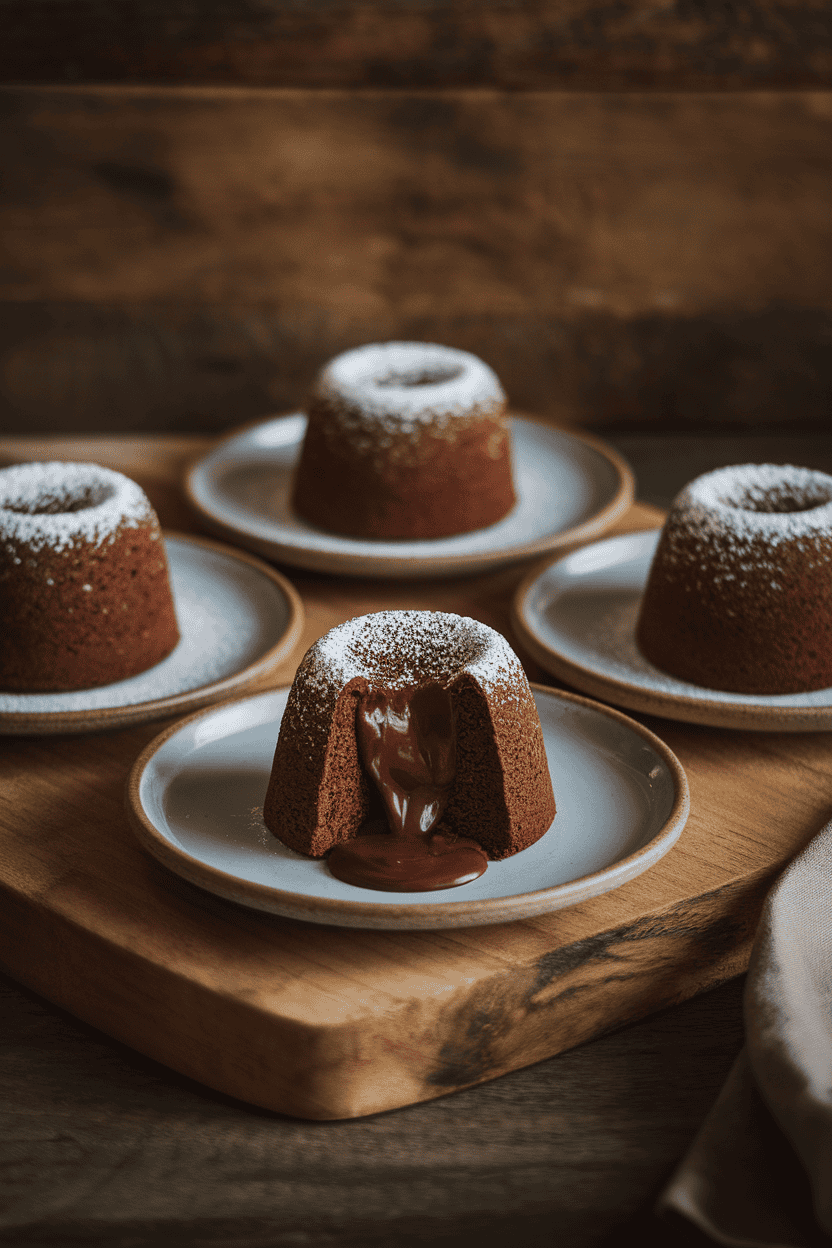 Indoor photo of individual chocolate lava cakes on small plates, one cut open to reveal flowing center; warm, moody lighting; no text or logos