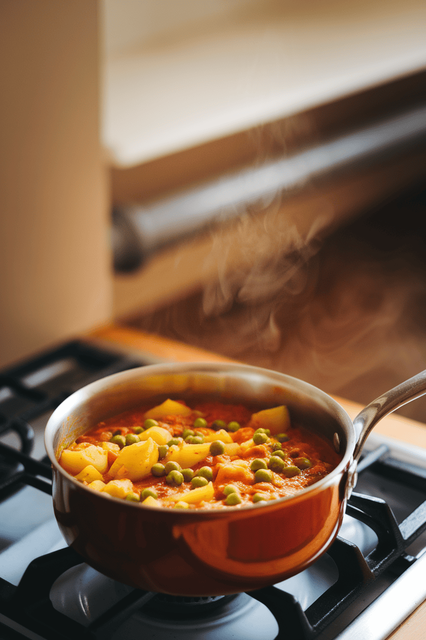 Indoor stovetop with a saucepan of golden potato and pea curry in mild tomato-based sauce, steam visible. No logos or text, warm light. Photo only.