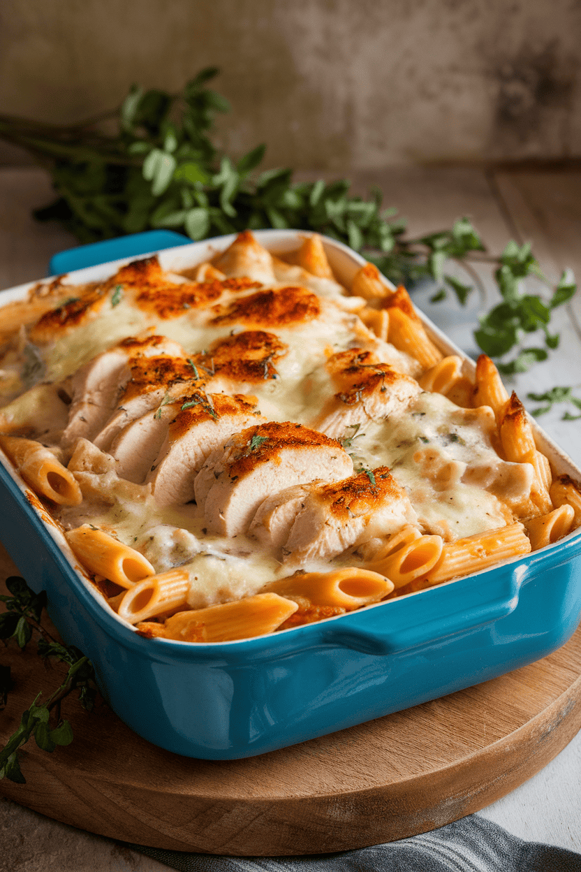Photo of a bubbling casserole dish of penne and sliced chicken in creamy Alfredo sauce, browned cheese on top; indoor, softly lit; no logos or text.
