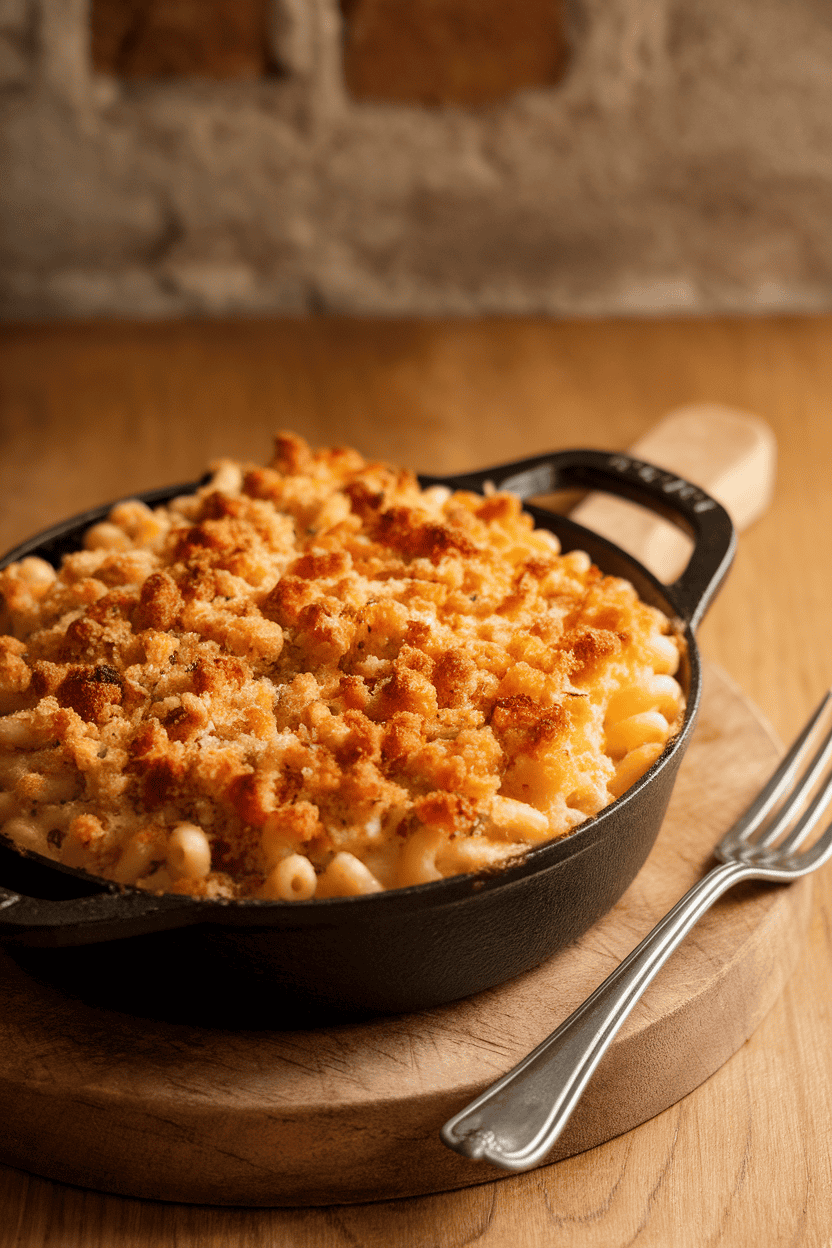 Photo of an indoor dining room with a cast-iron dish of bubbly macaroni and cheese, toasted breadcrumb topping browned evenly. No text or logos anywhere in view.