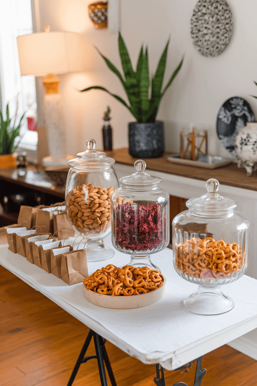 An indoor snack table with glass jars of almonds, dried cranberries, chocolate chips, and pretzel bites, plus small paper bags for scooping. No brand names anywhere.