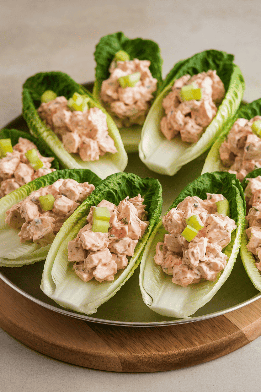 An indoor serving platter holding crisp romaine leaves each filled with creamy chicken salad and garnished with diced celery. Neutral background, no logos.