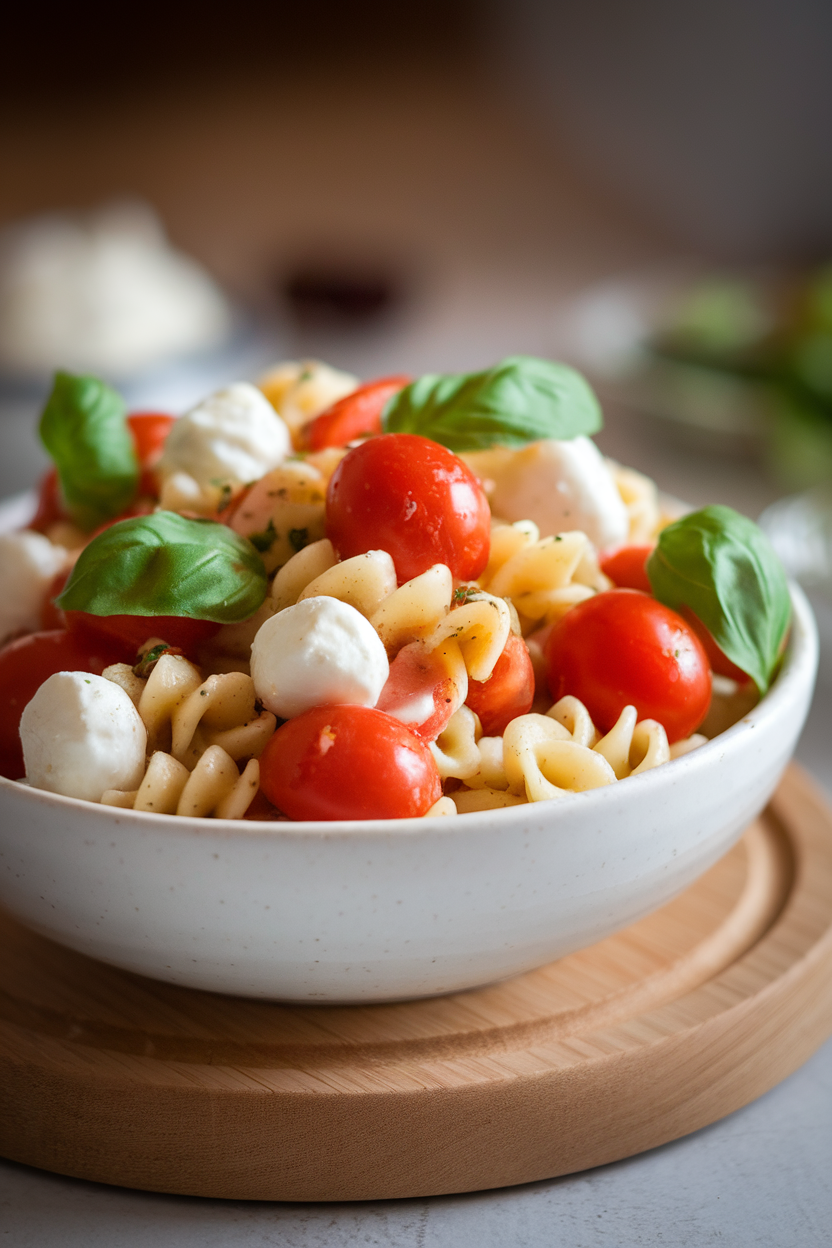 Indoor photo of a bowl of pasta salad featuring cherry tomatoes, mini mozzarella pearls, and basil leaves lightly coated in dressing. No text or logos.