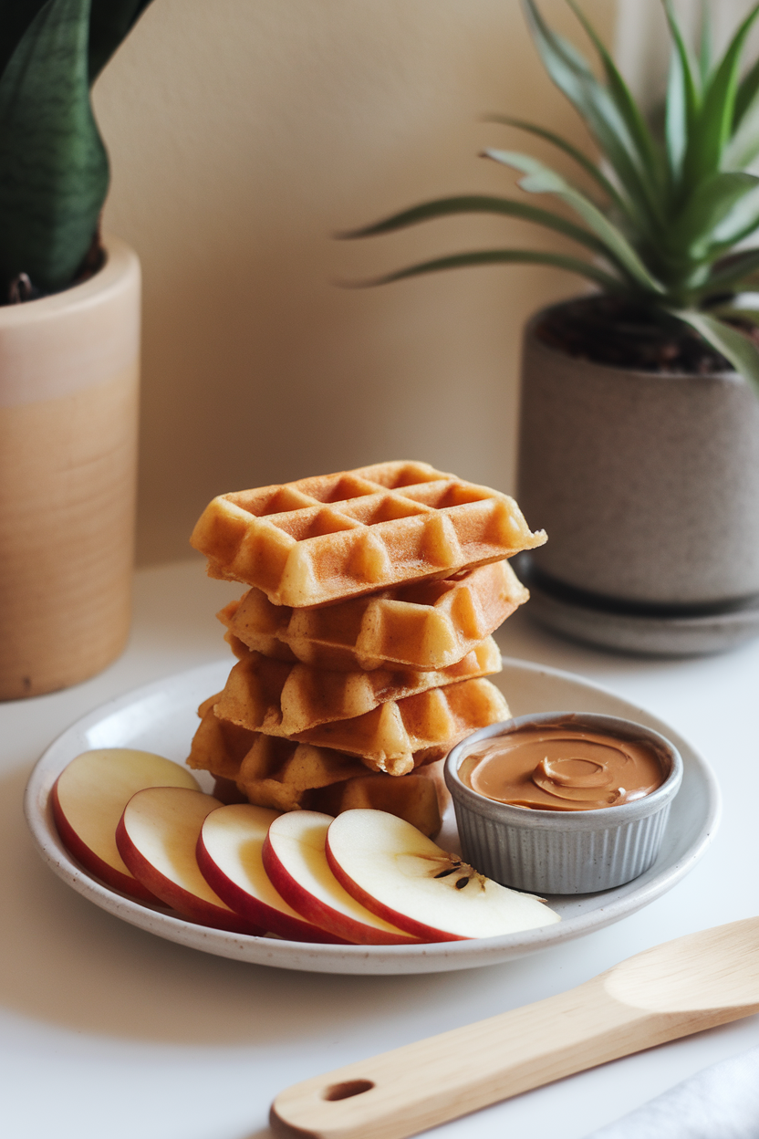 Indoor breakfast-table scene featuring bite-sized squares of toasted cinnamon waffles stacked beside thin apple slices and a tiny container of almond butter. No logos or text, photo only.