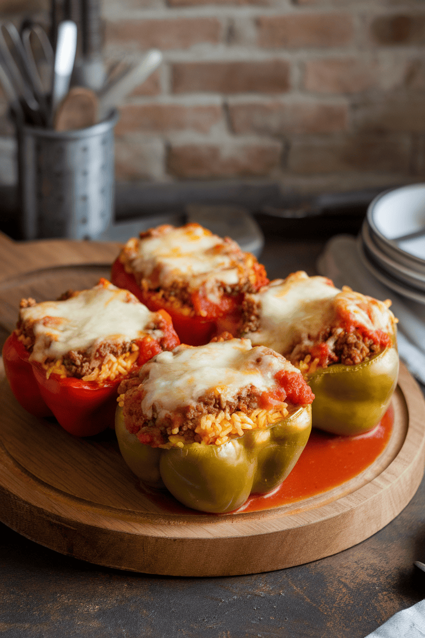An indoor oven-to-table dish with cooked bell peppers filled with rice, ground meat, and tomato sauce, cheese melted on top. No visible text or logos.