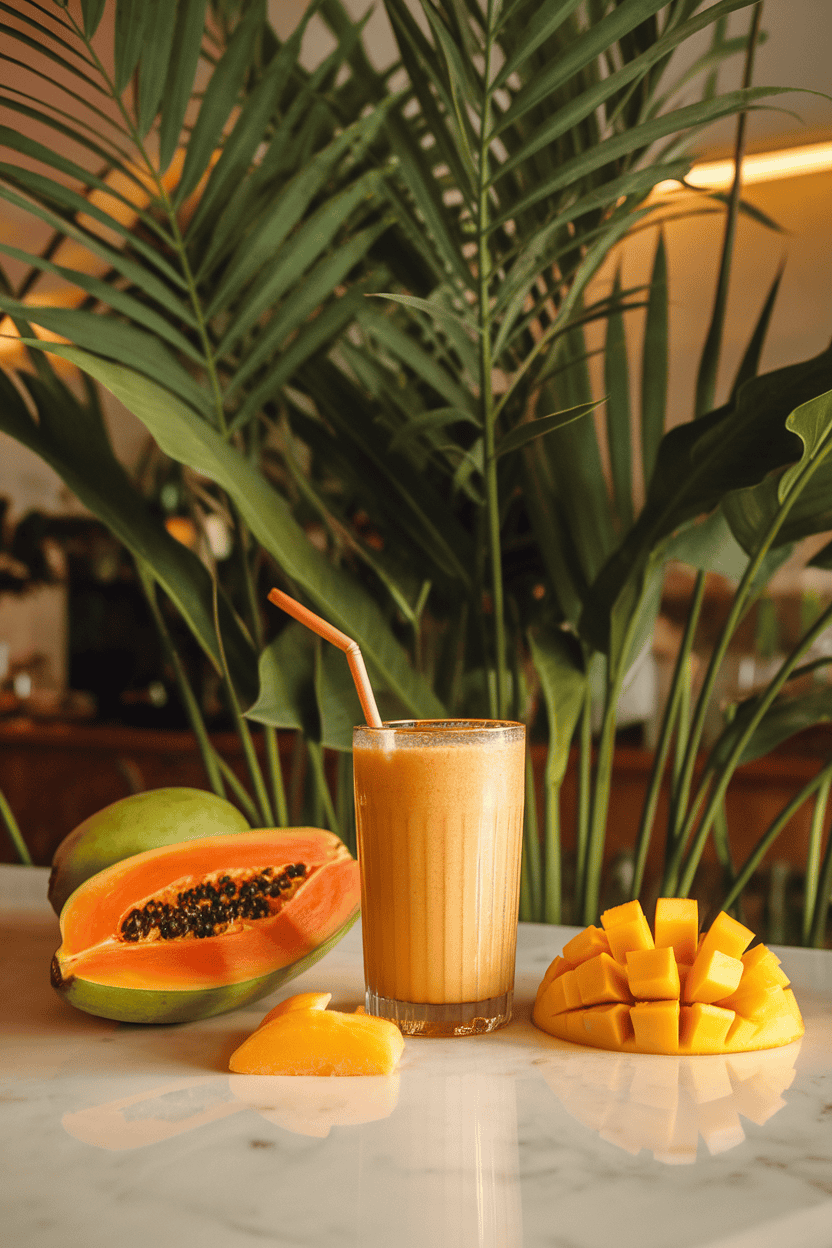 Indoor tropical-themed counter with a sunset-orange smoothie, papaya slices and mango cubes artfully arranged. Photo, no text or logos.