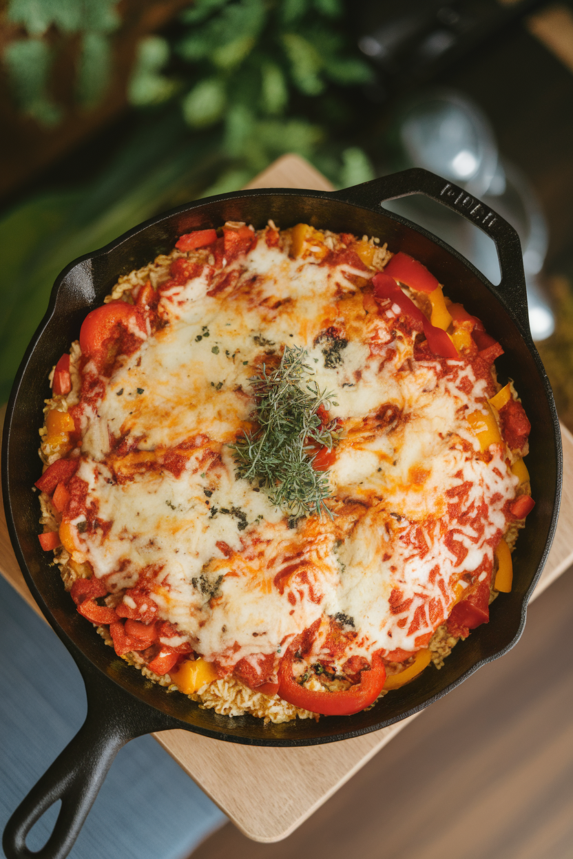Indoor photo of a cast-iron skillet filled with diced bell peppers, rice, tomato sauce, and melted cheese, shot from above. No text or logos visible.