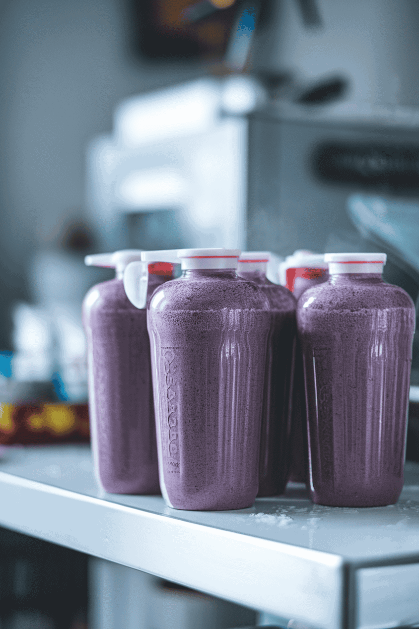 An indoor counter with several unlabeled shaker bottles filled with purple berry protein smoothies, condensation forming on the sides. No text or logos. Photo, not illustration.