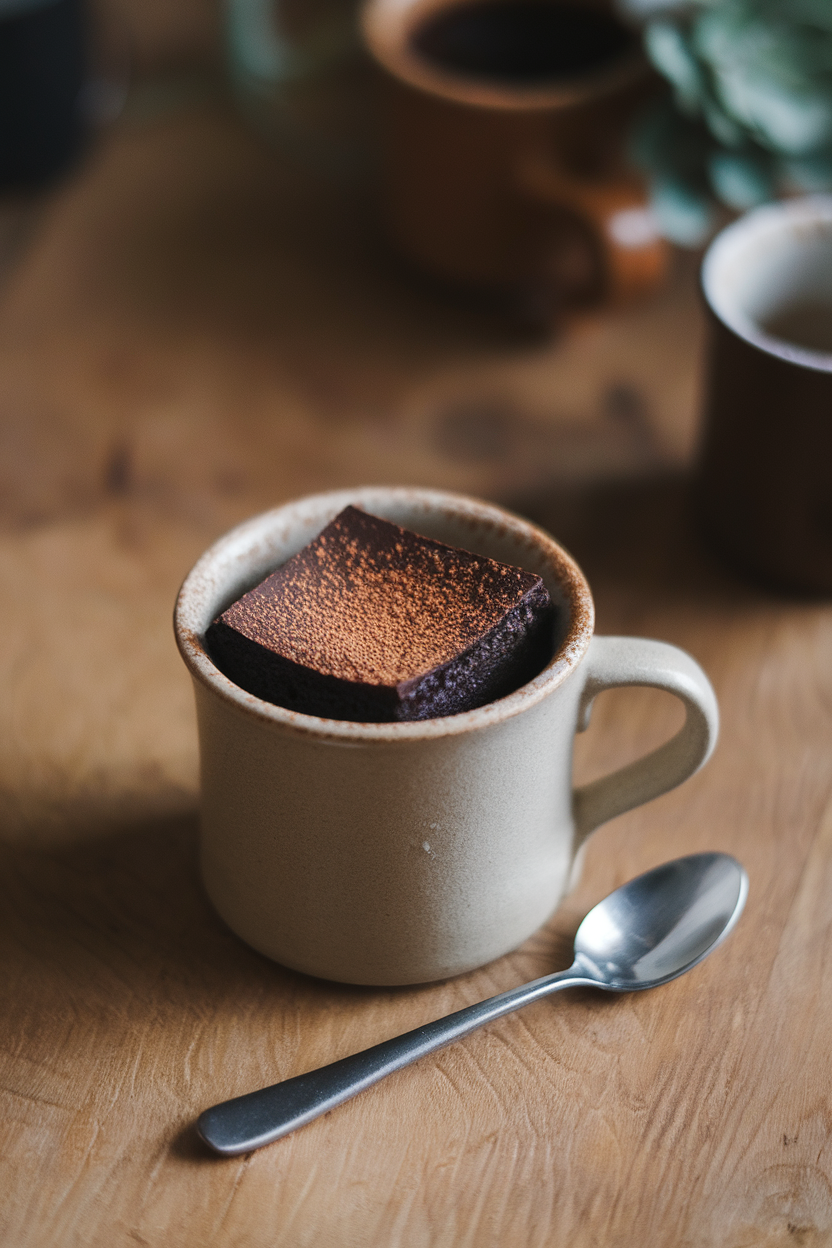 Indoor photo of a coffee mug holding a dark chocolate brownie with espresso powder dusting, a demitasse spoon alongside. No logos or text.