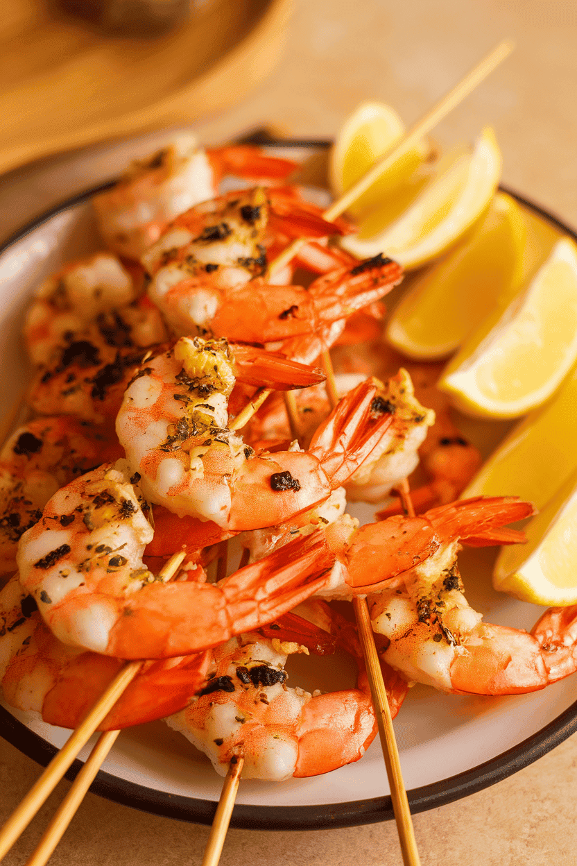 An indoor platter of cooked shrimp skewers brushed with garlic butter, char marks visible, lemon slices on the side. No text or logos can be seen.