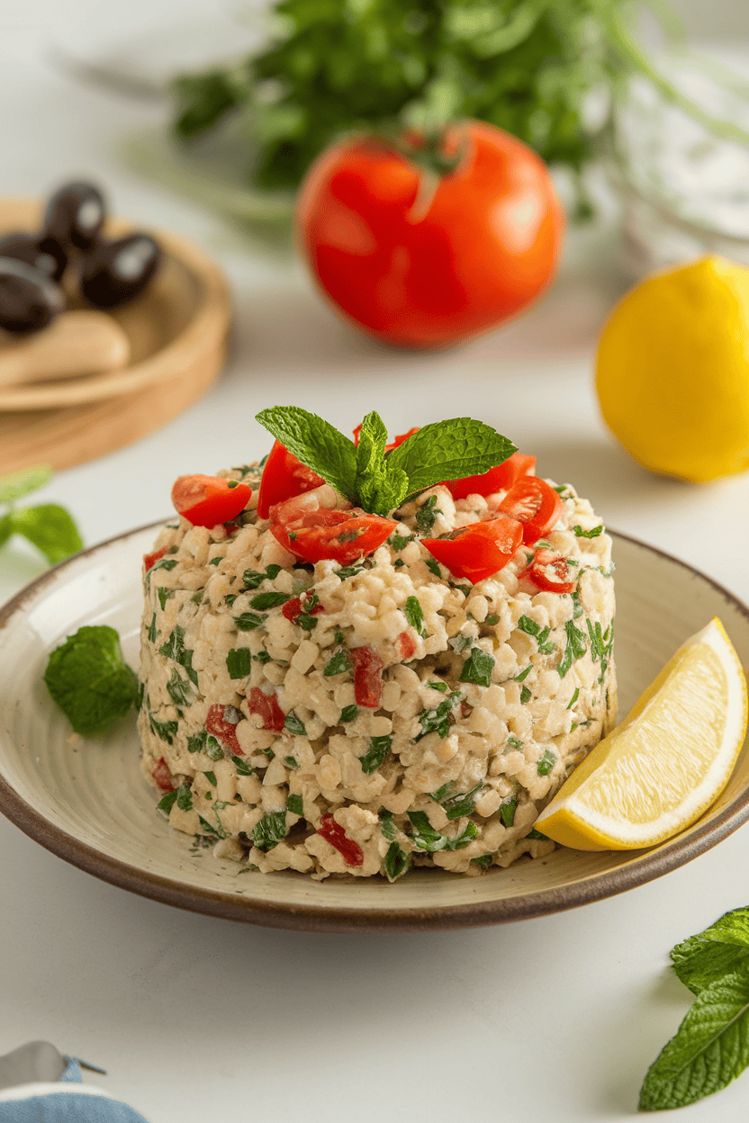 A softly lit indoor countertop scene featuring a mound of bulgur-parsley salad dotted with tomatoes and mint on a ceramic plate. No text or logos anywhere.