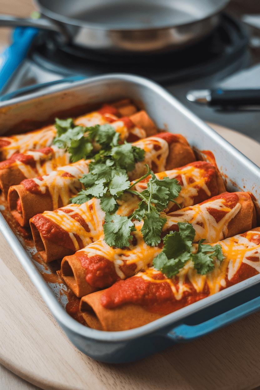An indoor oven-to-table baking dish with rolled enchiladas covered in red sauce and melted cheese, cilantro sprinkled on top. No text or logos visible.