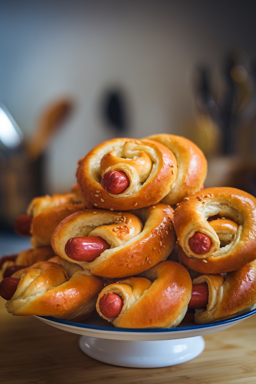 Indoor photo of spiraled hot dogs wrapped in crescent dough baked to golden brown on a plate. No text or logos present.
