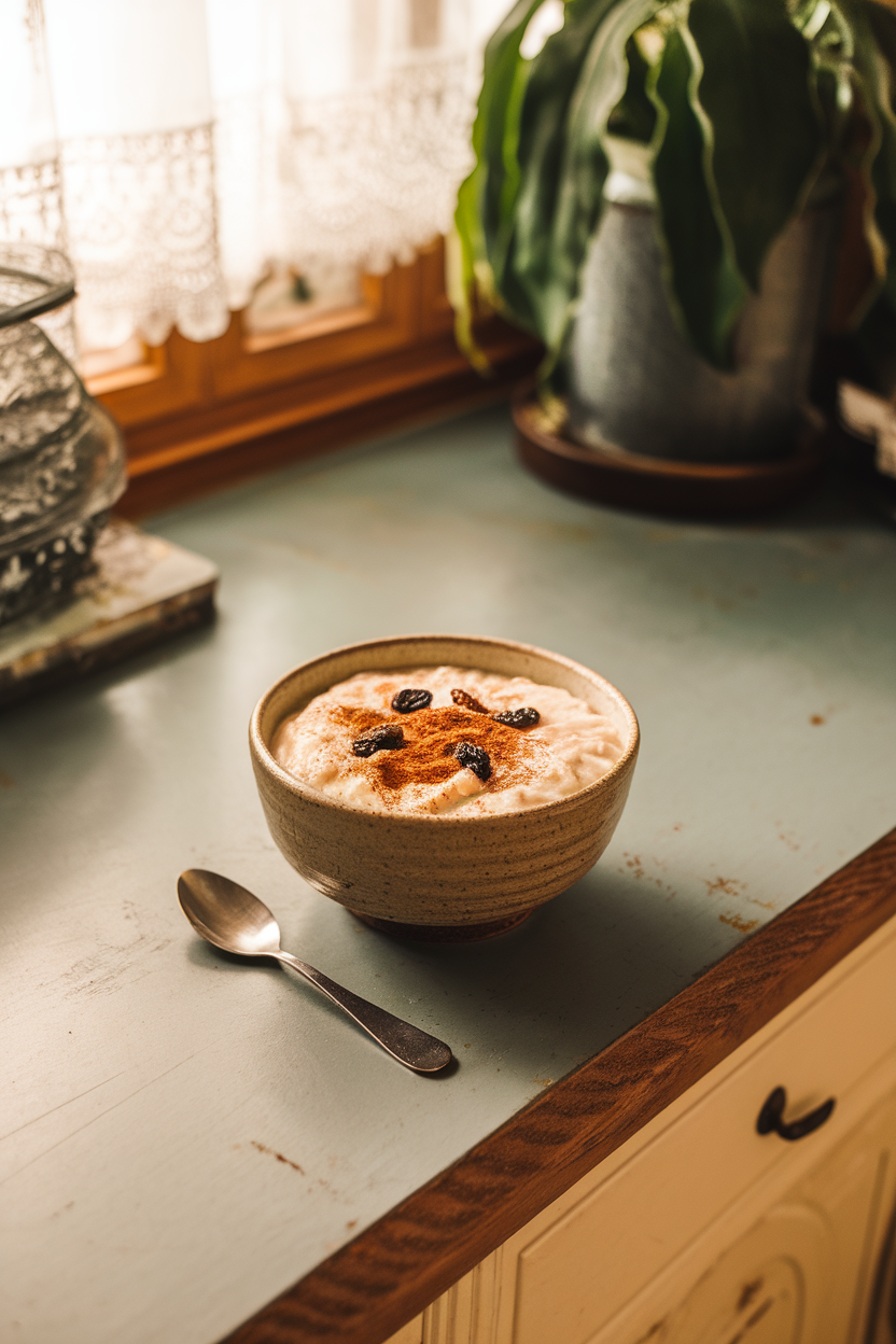 A ceramic bowl of vanilla rice pudding topped with cinnamon and raisins, placed on an indoor countertop. Photo, no text or logos visible.