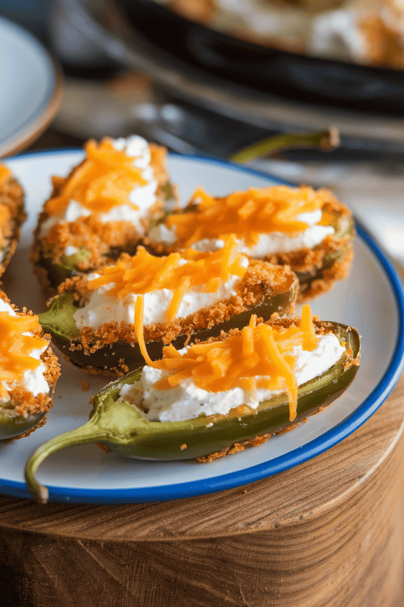 An indoor appetizer plate featuring halved jalapeños stuffed with cream cheese and cheddar, breaded and baked to golden brown. Photo, not illustration. No text or logos.