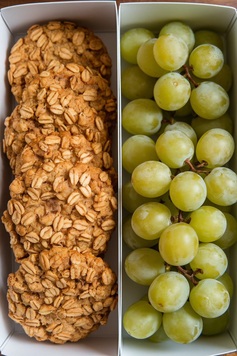 Indoor countertop photo of soft baked oatmeal cookies nestled next to green seedless grapes in a two-section snack box. Even lighting, no text or logos.