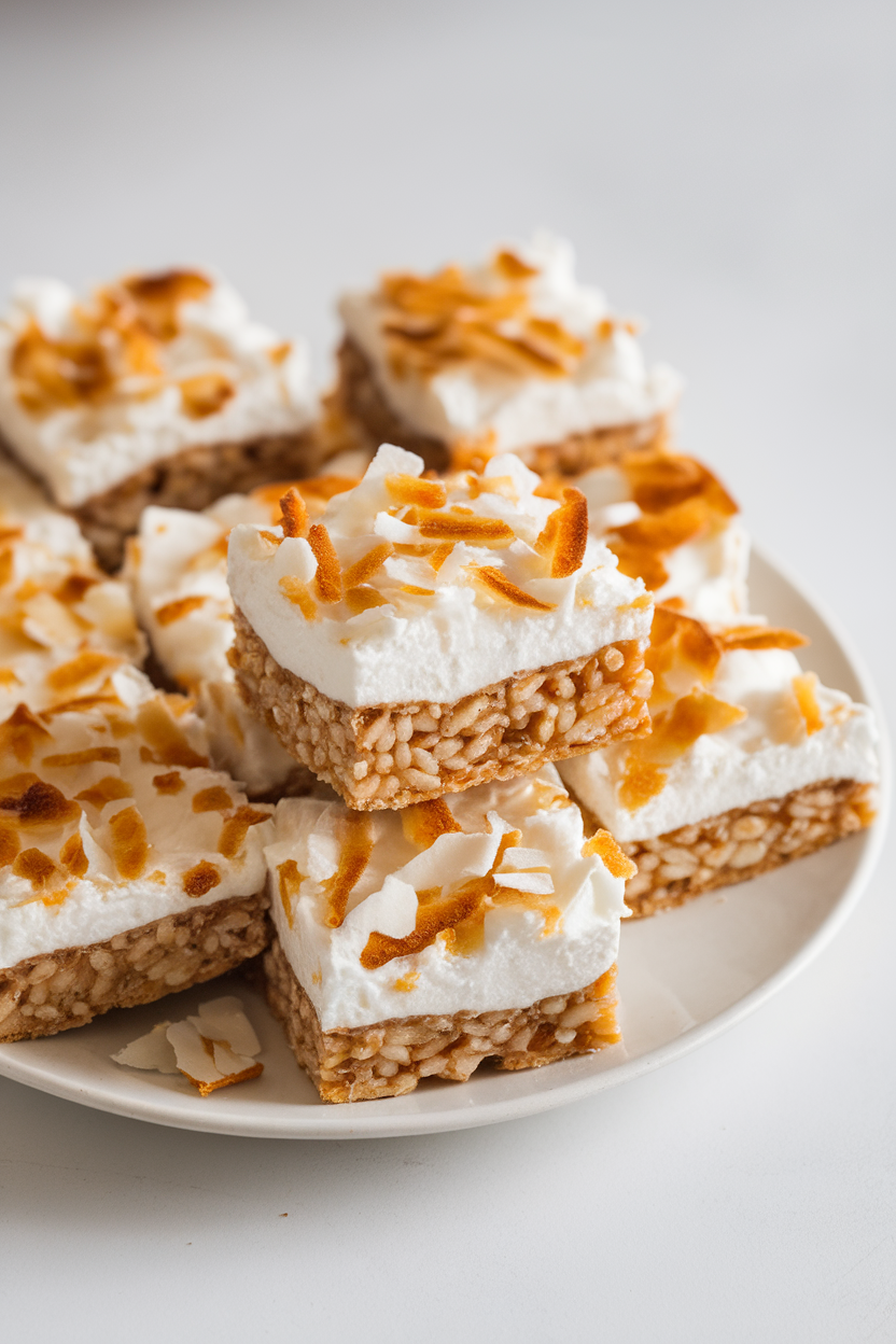 Squares of marshmallow-bound crispy rice bars studded with toasted coconut on an indoor plate. Photo, no text or logos.