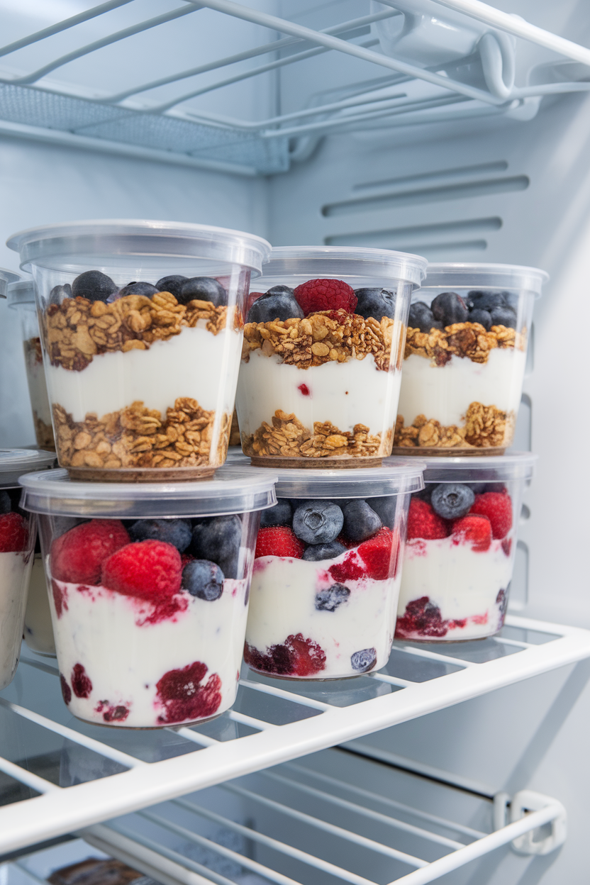 Indoor refrigerator shelf view of clear cups layered with Greek yogurt, granola, and mixed berries, lids on top. No text or logos.