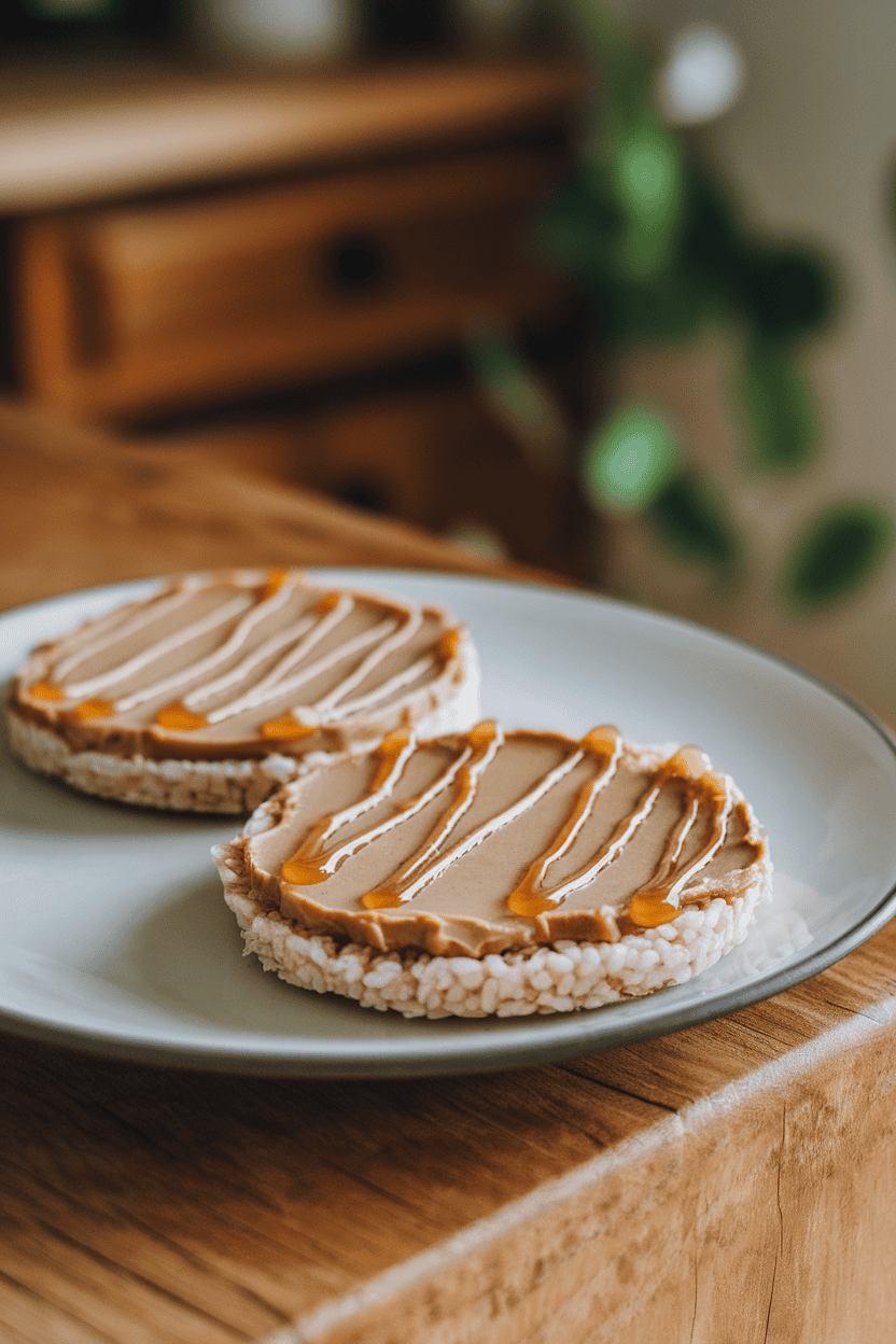 An indoor tabletop featuring two rice cakes spread with creamy almond butter and topped with a drizzle of honey, no text or logos, photograph.
