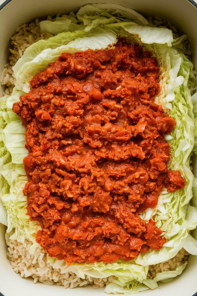 Indoor photo of a casserole pan filled with layered cabbage, rice, and tomato-meat sauce, lightly browned on top; no text or logos.