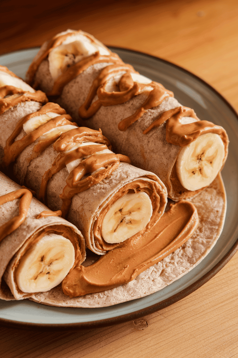 Indoor photo of whole-wheat tortillas spread with peanut butter, rolled around banana halves, and sliced into spirals, displayed on a plate. No logos or text.