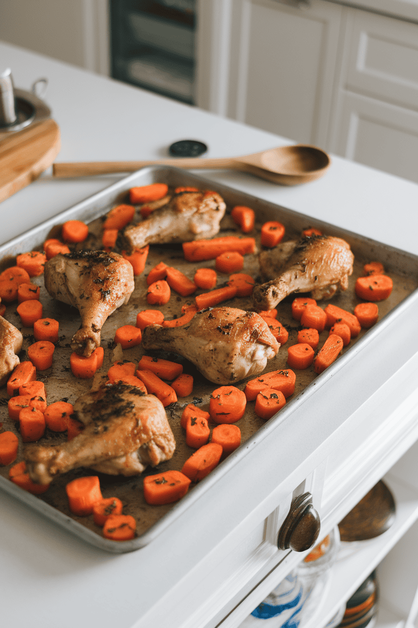 An indoor kitchen island showing a sheet pan with roasted chicken drumsticks and caramelized carrot chunks, sprinkled with herbs. Photo only; no text or logos present.