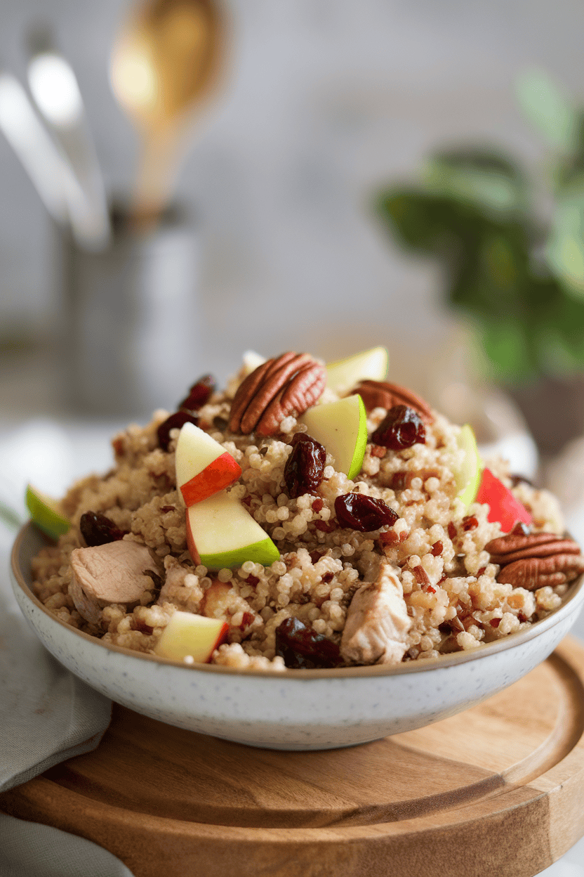 An indoor serving bowl of quinoa salad dotted with roasted chicken, diced apples, dried cranberries, and toasted pecans, no text or branding.
