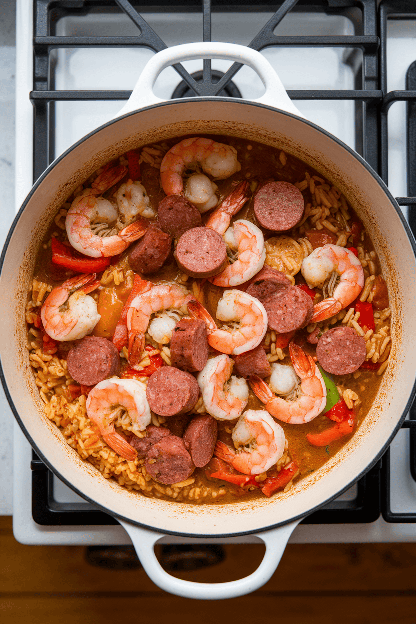 Indoor stovetop with a Dutch oven of jambalaya—cooked shrimp, sliced sausage, rice, and peppers in a reddish Cajun sauce—captured overhead, no text or logos, photo depiction.